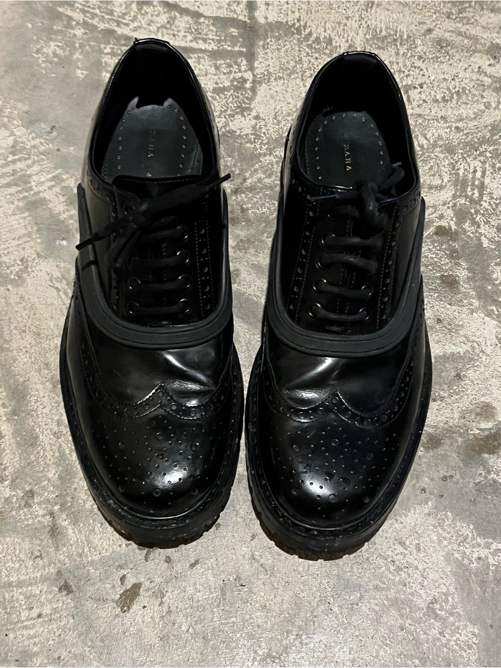 Zara Black Leather Brogue Derbys with Lug Sole